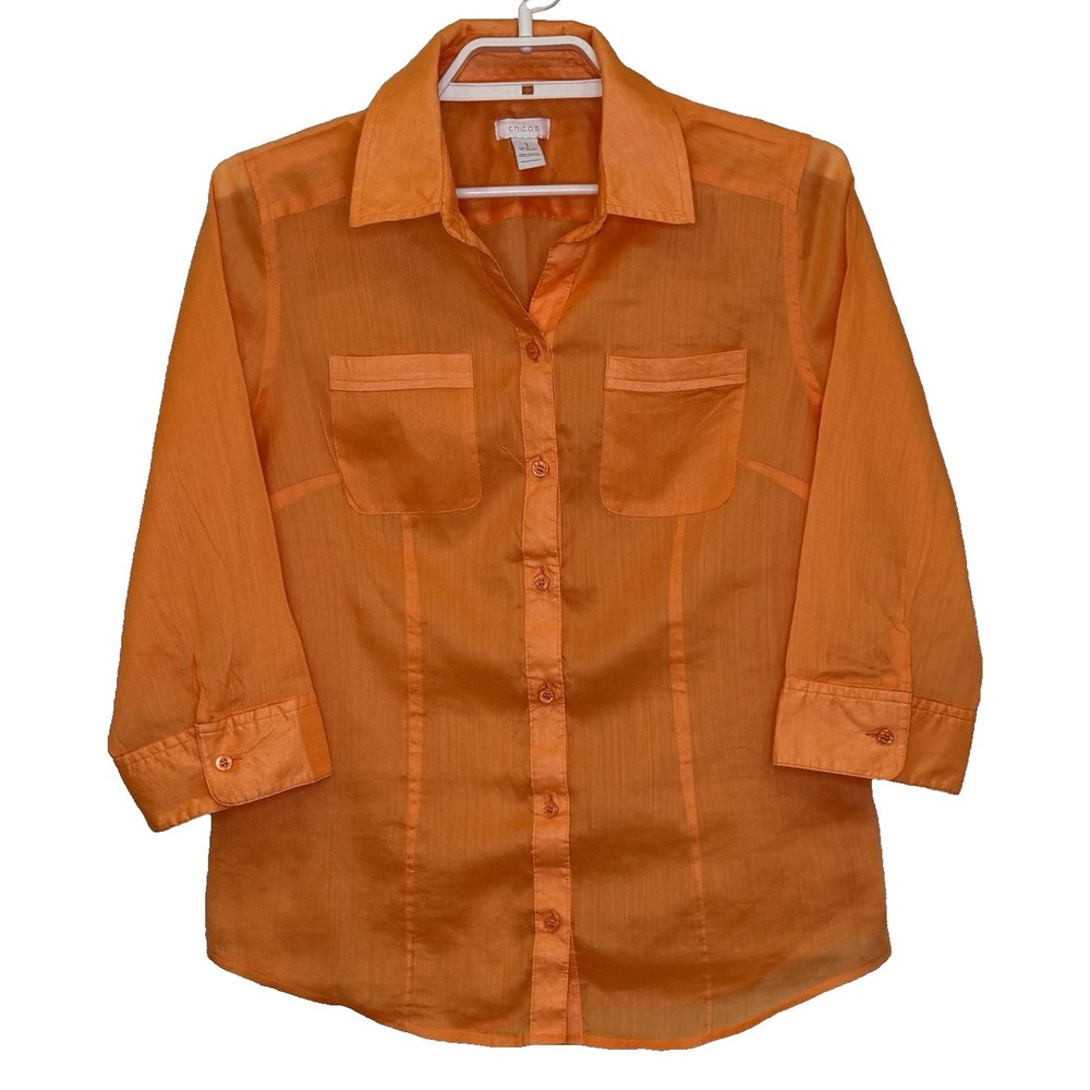 Chico's Top Womens Size 1 Medium Orange Button Front 3/4 Sleeve Collared Pockets